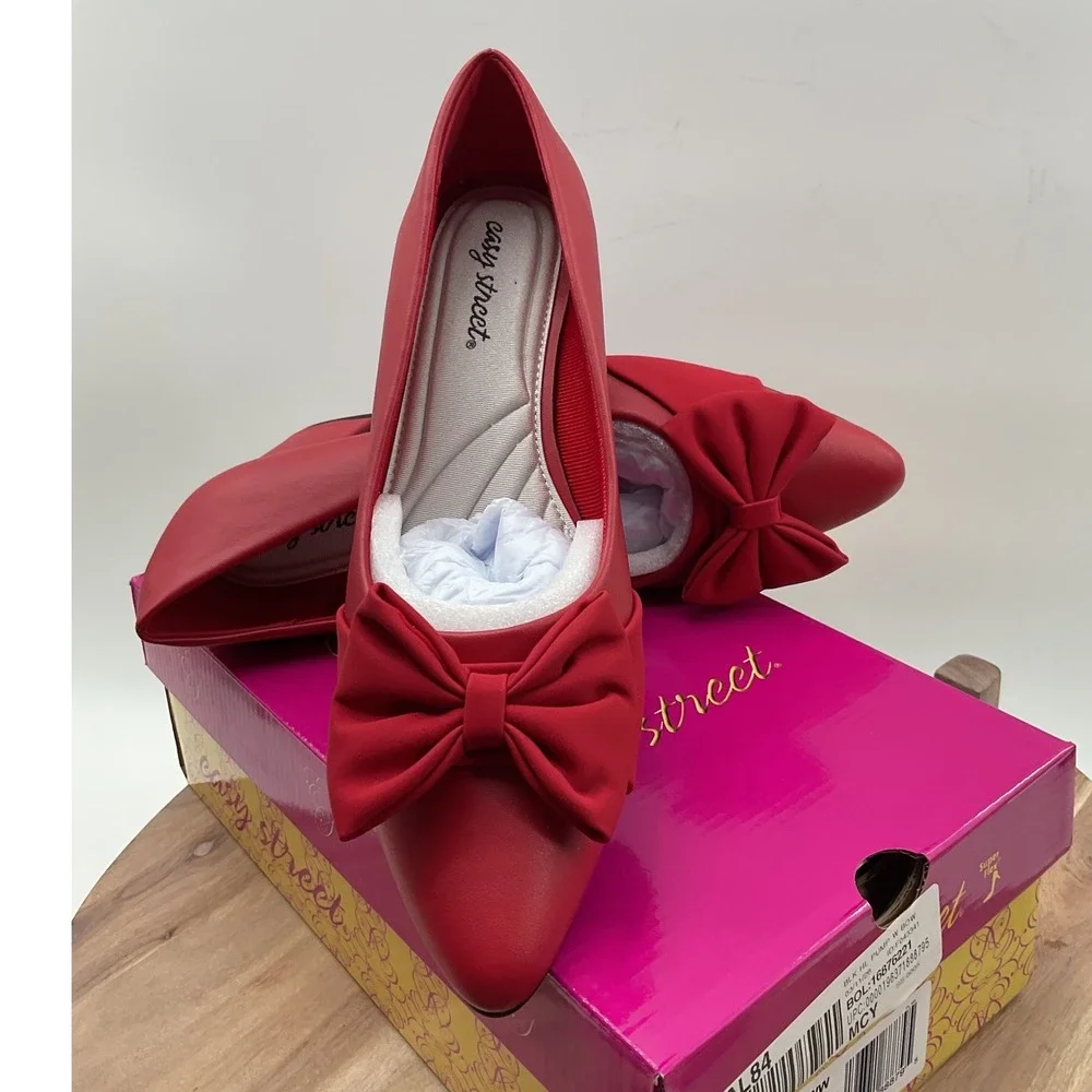 Easy Street Womens Red Pointed Toe Bow Block Heel Pumps Size 8.5 NEW
